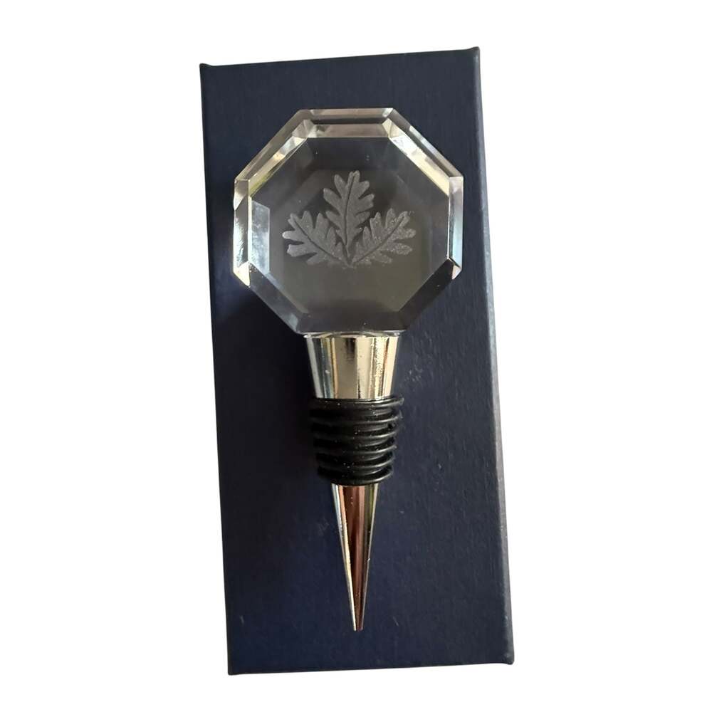 Octagonal Crystal Wine Bottle Stopper with Laser Etched Oak Leaf Design